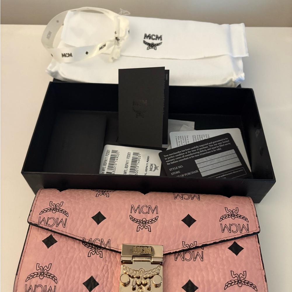 Authentic MCM Pink Crossbody Gold Chain Wallet In Visetos